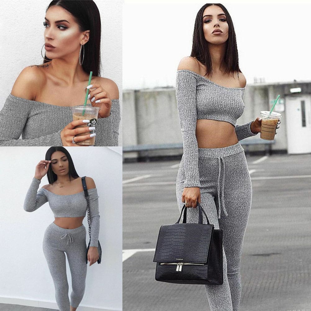 Two Piece Outfit Women Tracksuit Off Shoulder Long Sleeve Crop Top Pencil Pants Leggings Set Bodycon Slim Casual Sport Suit