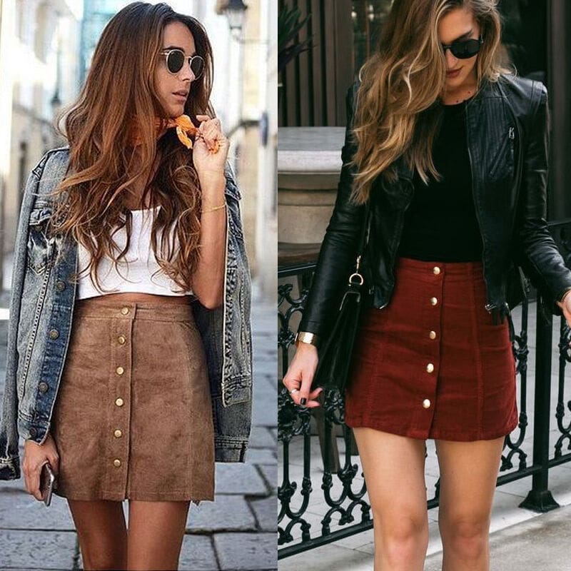 Hot Fashion Elegant Women Ladies Summer Skirts High Waist Single Breasted Button Solid Slim A-Line Suede Leather Mini Skirts