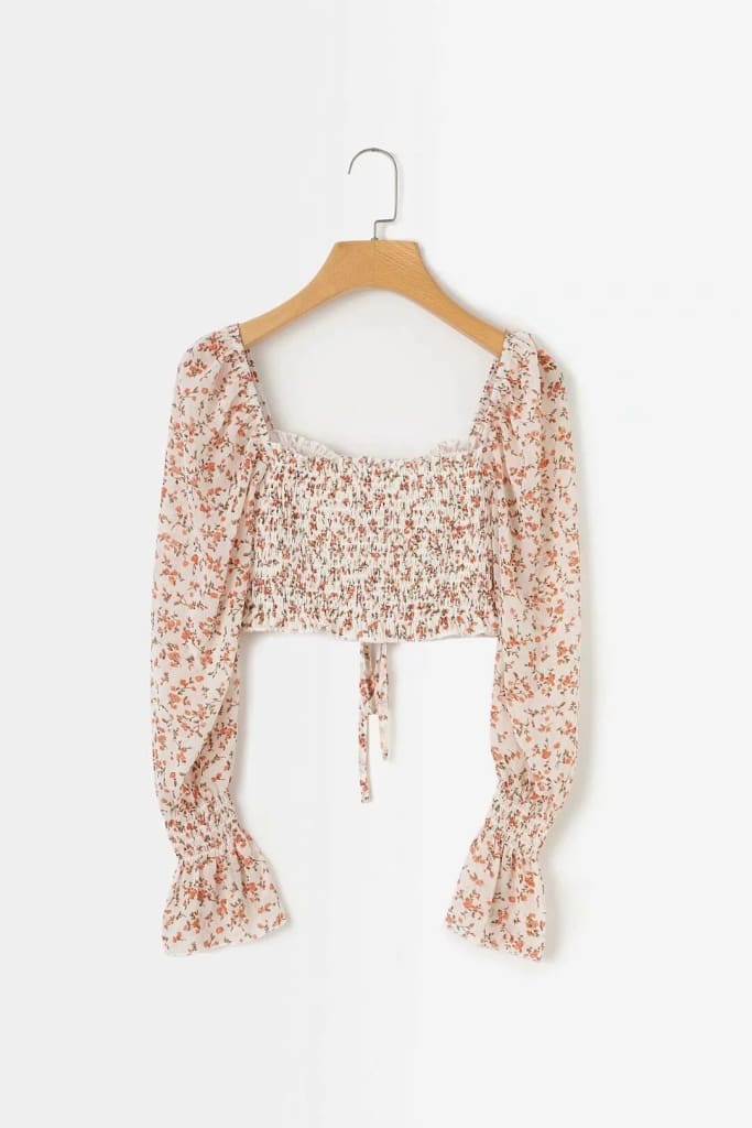 Summer Long Lantern Sleeve Square Collar Beige Print Blouse Women