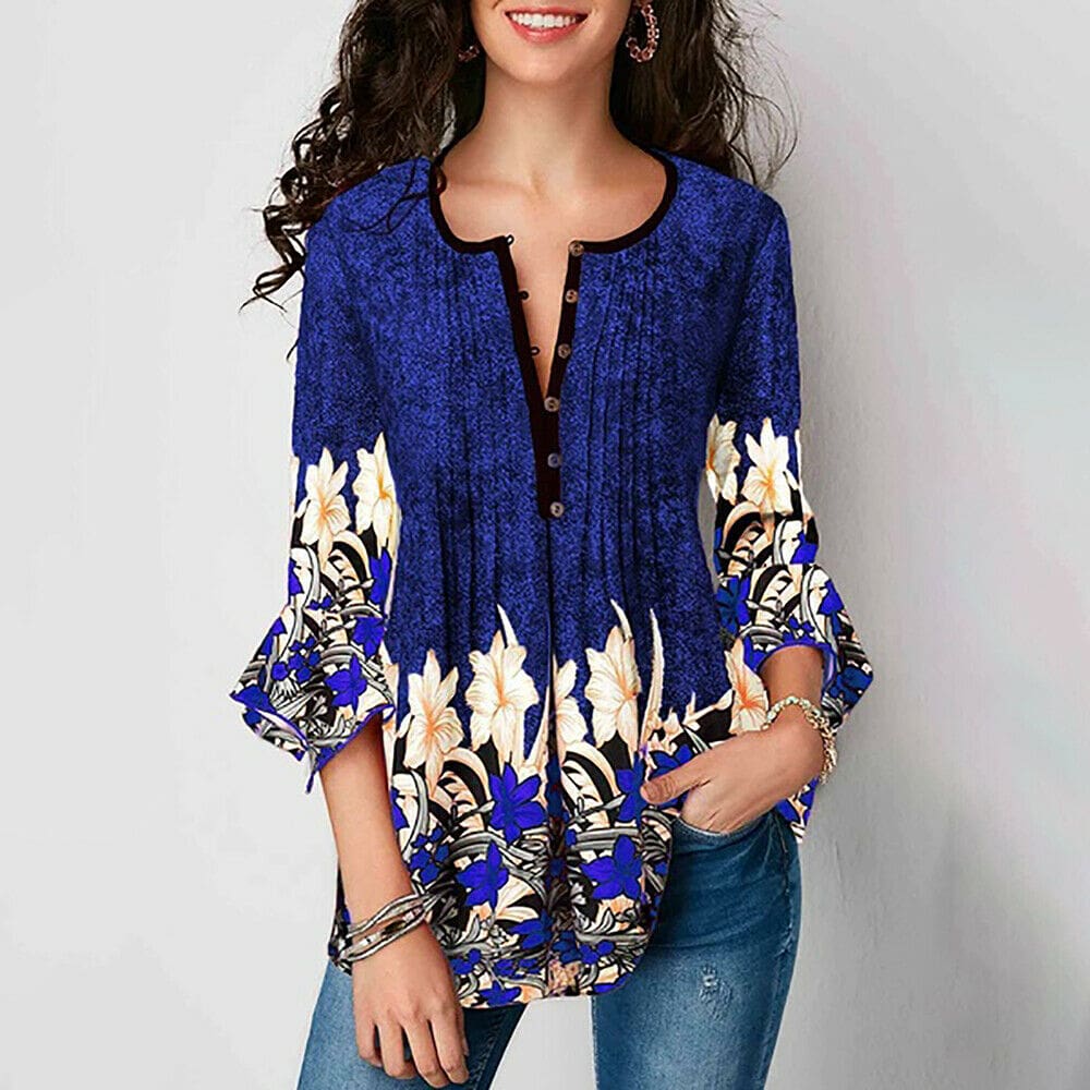 Summer Women Casual Tops Blouse New Fashion Ladies Bell Sleeve Floral V Neck Tops Shirt Tunic Summer Holiday Clothes
