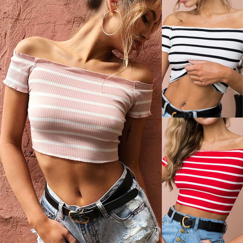 Streetwear Women Summer Casual Striped Off Shoulder Short Shirt Fashion Beach Crop Top Vest Tank