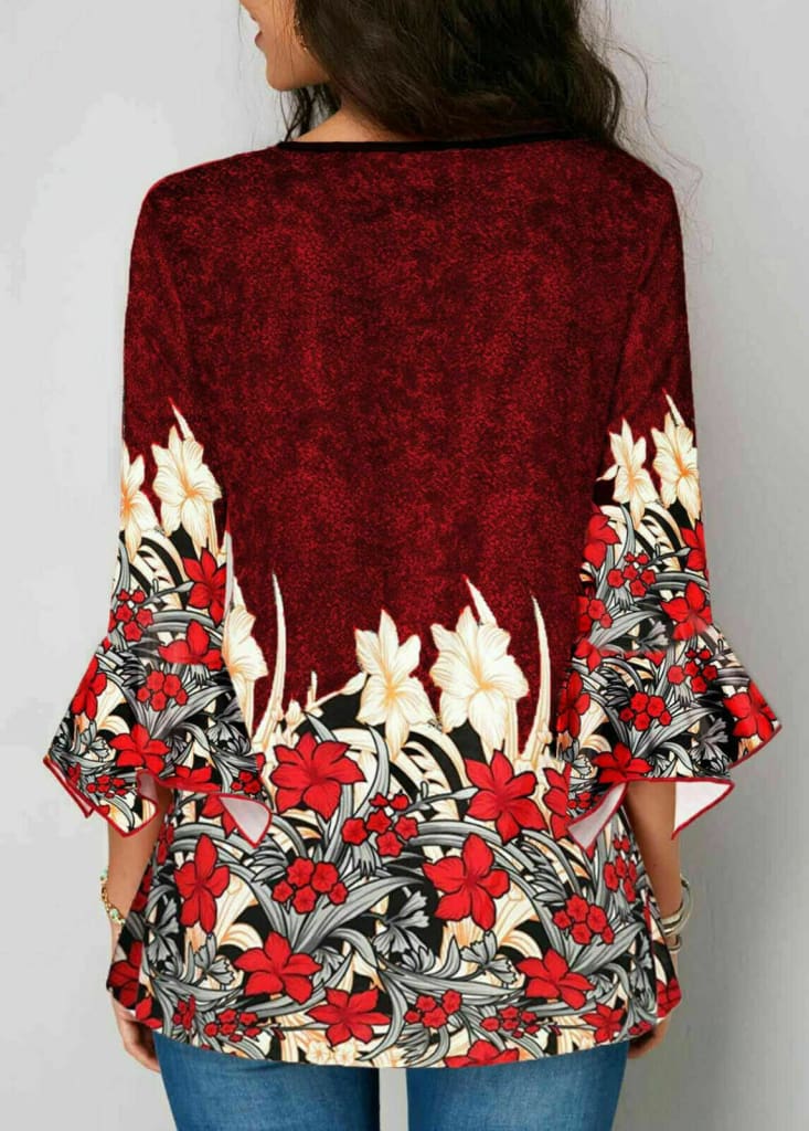 Summer Women Casual Tops Blouse New Fashion Ladies Bell Sleeve Floral V Neck Tops Shirt Tunic Summer Holiday Clothes