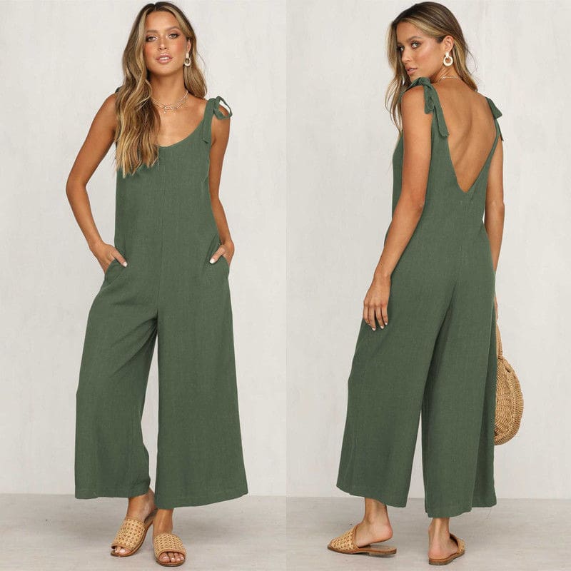 Rompers Summer Women Casual Loose Linen Cotton Jumpsuit New Sleeveless Backless Pocket Playsuit Trousers Overalls