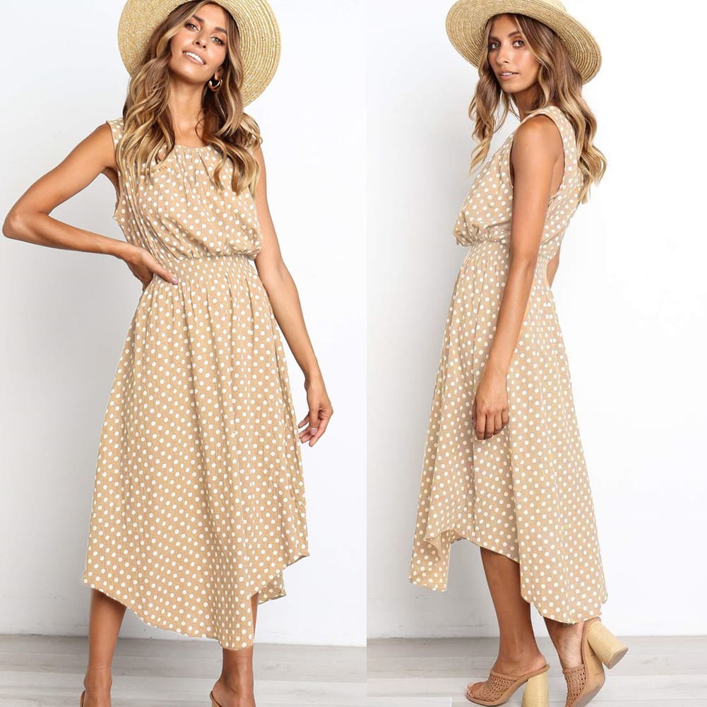 Women Boho Sleeveless Midi Dress Polka Dot Fashion Summer Party High Waist O-Neck Holiday Beach Dress Sundress