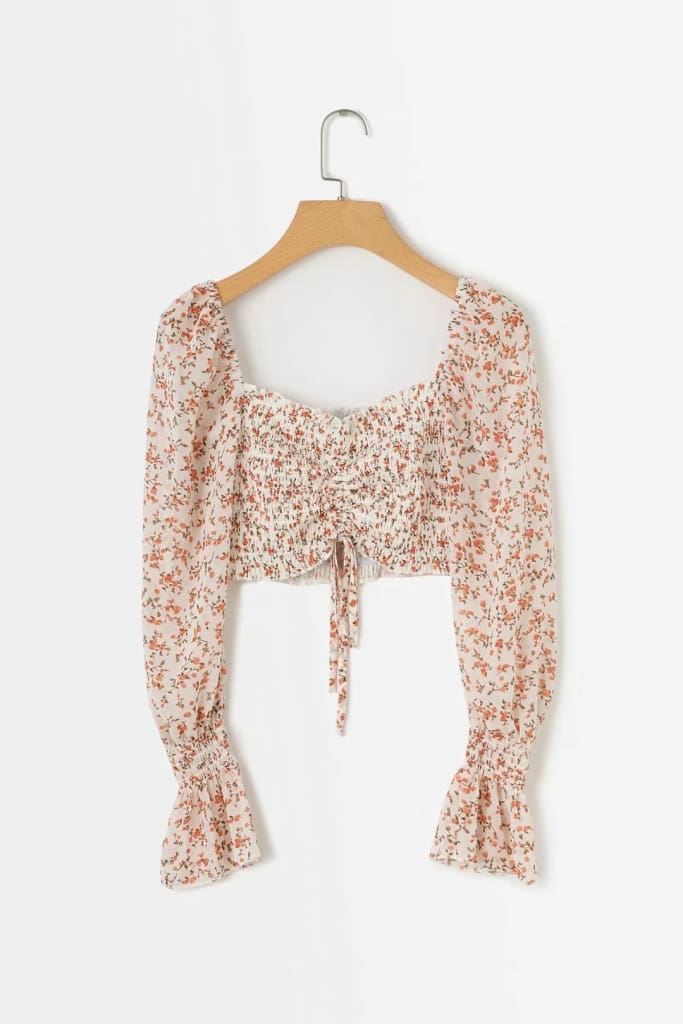 Summer Long Lantern Sleeve Square Collar Beige Print Blouse Women