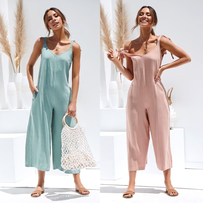 Rompers Summer Women Casual Loose Linen Cotton Jumpsuit New Sleeveless Backless Pocket Playsuit Trousers Overalls