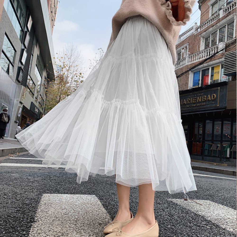 Summer Women Elastic Mesh Tulle Pleated Skirt Ladies Casual Holiday A-Line High Waist Solid Long Maxi Skirt