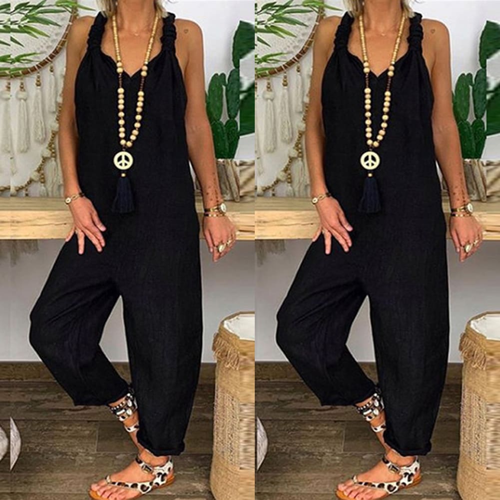 Womens Beach Sleeveless Dungarees Harem Strap Bohemian Holiday Long Pant Casual Loose Jumpsuit Baggy Trousers Overalls