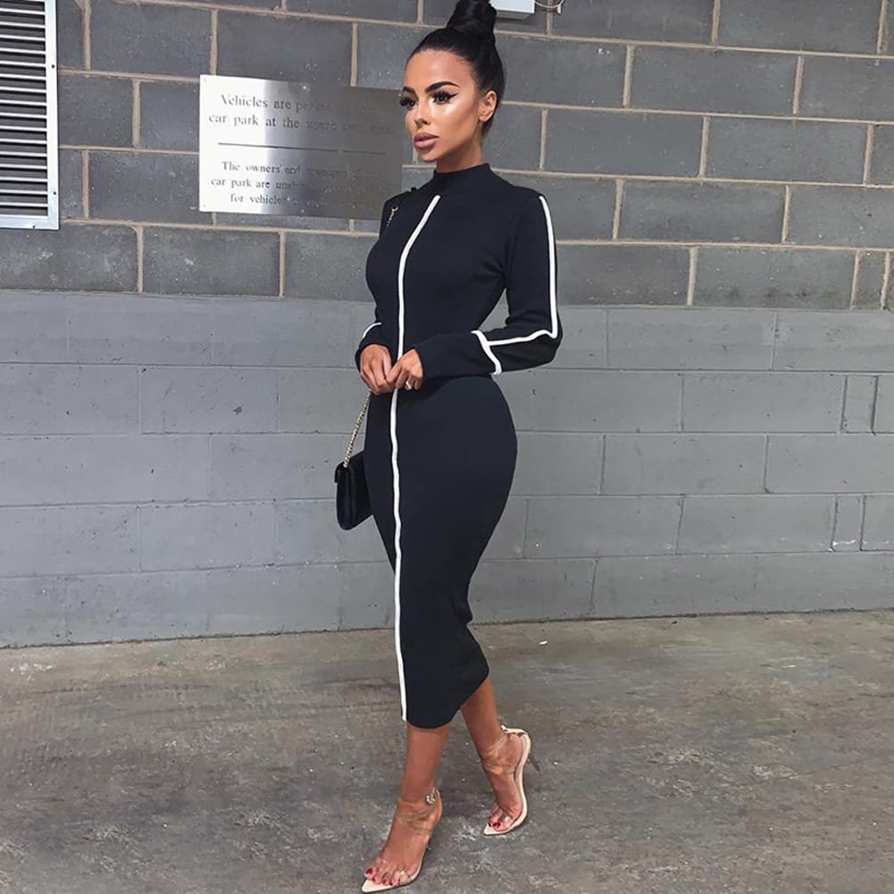 Fashion Women Contrast Color Long Sleeve Temperament Fitness Summer Long Sleeve Bodycon Stretch Pencil Dress