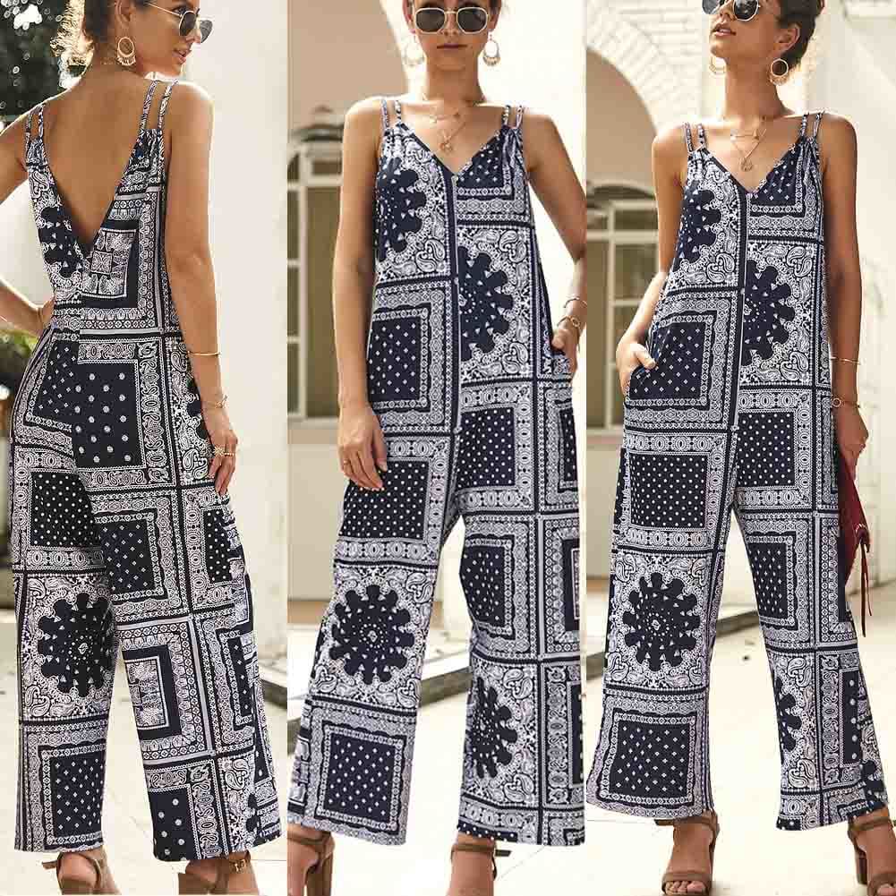 Fashion Women Jumpsuit V Neck Print Floral Pocket Ladies Summer Beach Wide Leg Holiday Romper Long Jumpsuit Trousers