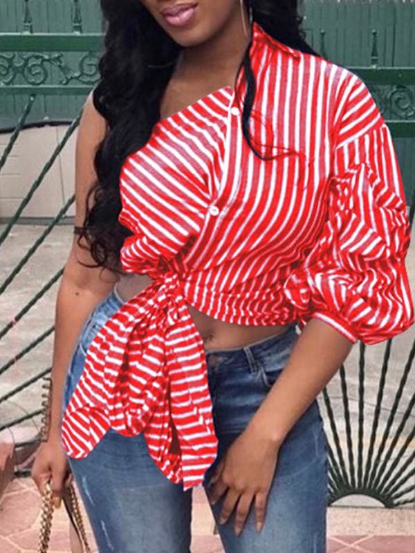 Women One Shoulder Stripe Button Knot Top Tee Puff Sleeve Fashion Ladies Summer Beach Party Casual Tops Plus Size