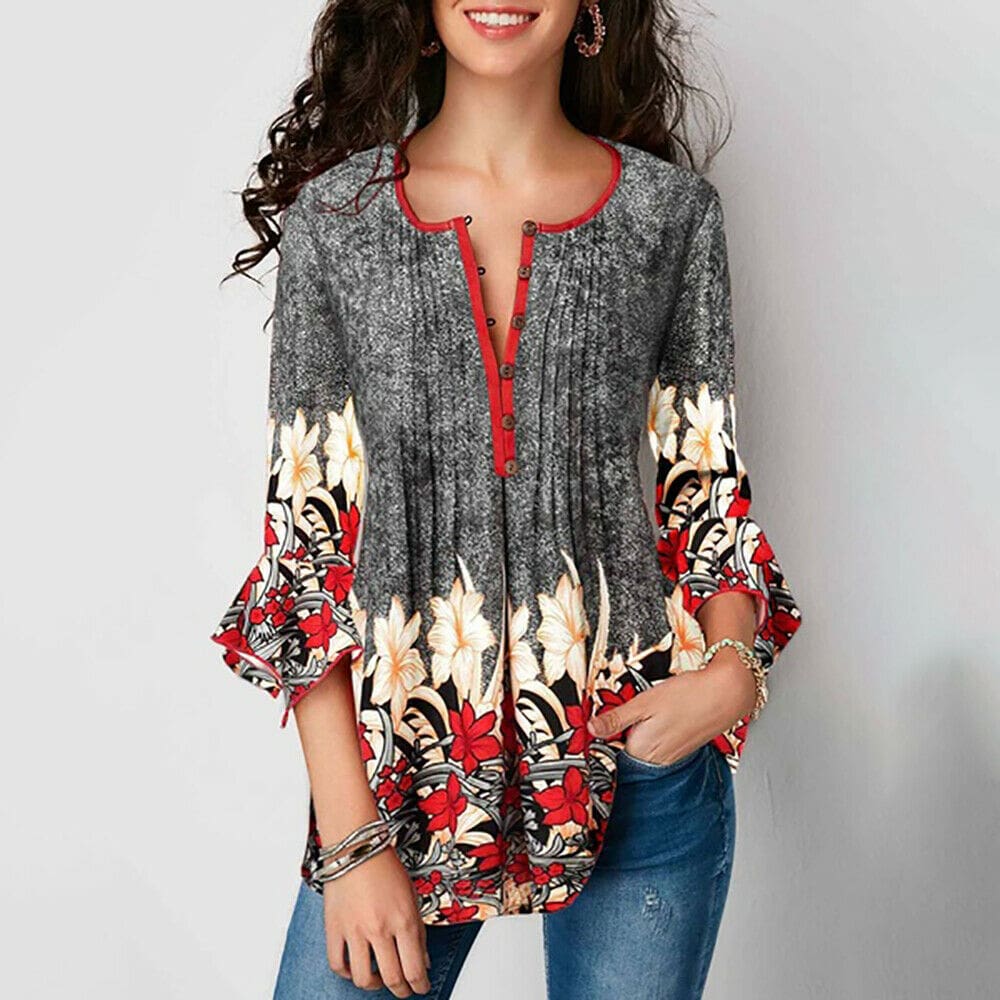 Summer Women Casual Tops Blouse New Fashion Ladies Bell Sleeve Floral V Neck Tops Shirt Tunic Summer Holiday Clothes