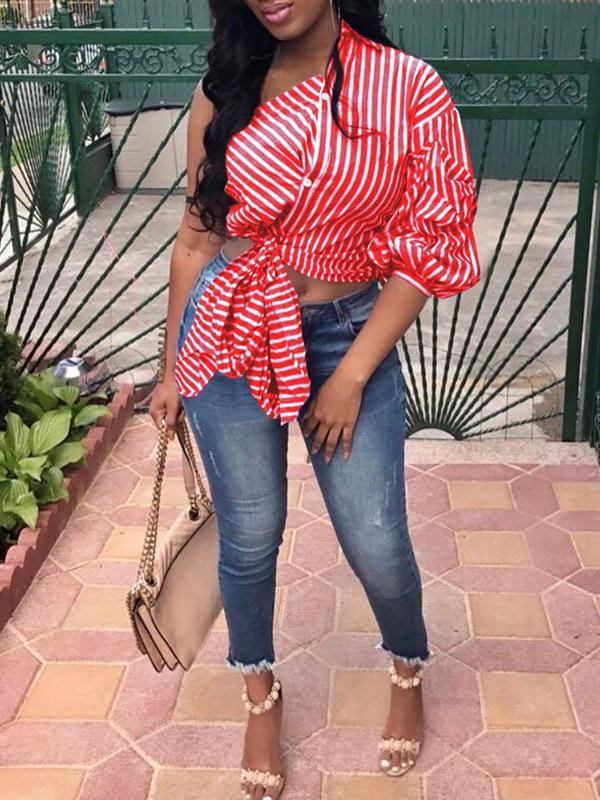 Women One Shoulder Stripe Button Knot Top Tee Puff Sleeve Fashion Ladies Summer Beach Party Casual Tops Plus Size