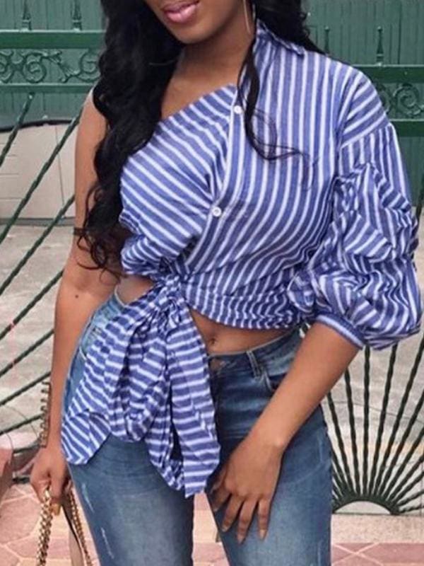 Women One Shoulder Stripe Button Knot Top Tee Puff Sleeve Fashion Ladies Summer Beach Party Casual Tops Plus Size