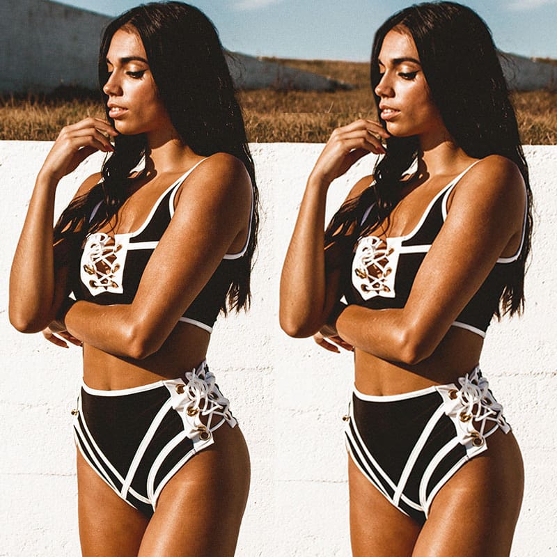 Two-Pieces Women Ladies Slim Swimming Costume Lace High Waist Summer Bandge Swimwear Sport Bikini Set Bathing Suit Bechwear