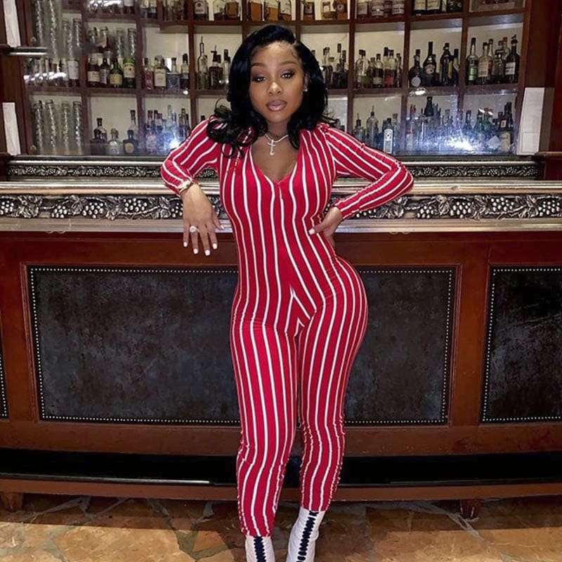 Womens Stripe Long Sleeve Long Pant Jumpsuit Ladies V neck Summer Clubwear Casual Romper Trouser Playsuit