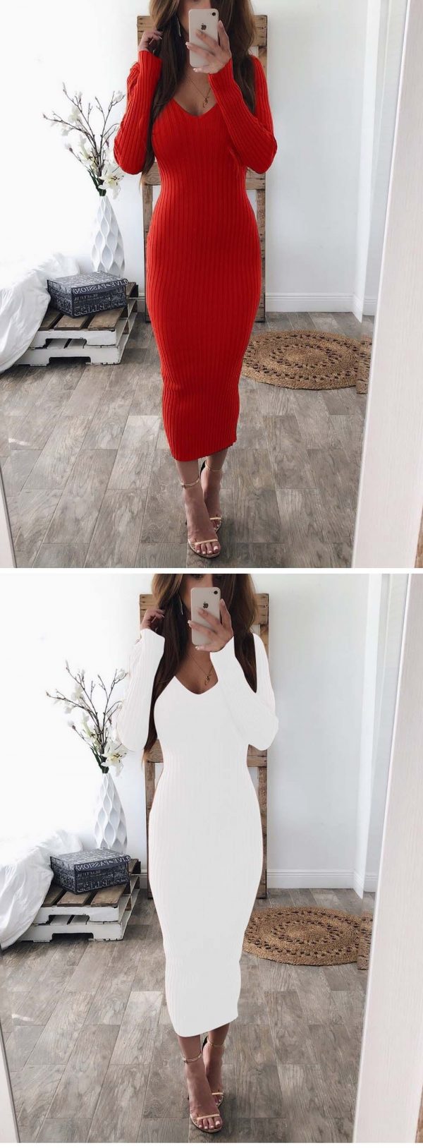 The Best Knitted Bodycon Maxi Dress V Neck Long Sleeve Women Long Thin Dress Online - Hplify