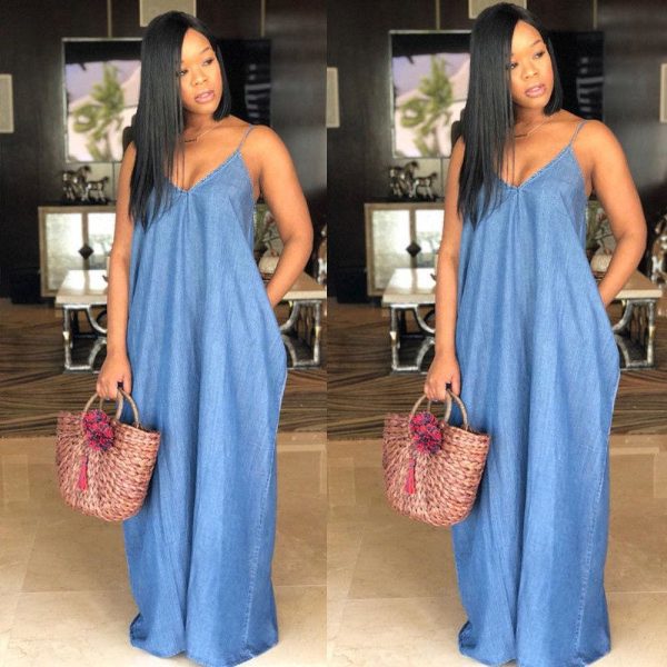 The Best Ladies Boho Backless Summer Long Denim Maxi Dress Online - Hplify