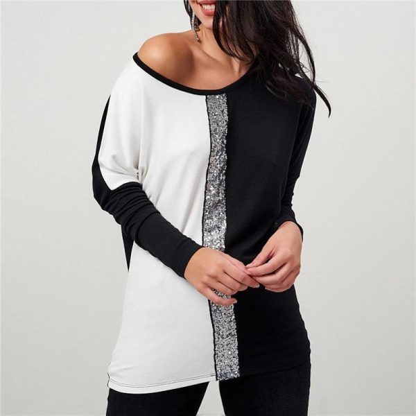 The Best Ladies Tops Off Shoulder Long Sleeve Shirt Sequin Patchwork Tunic Online - Hplify