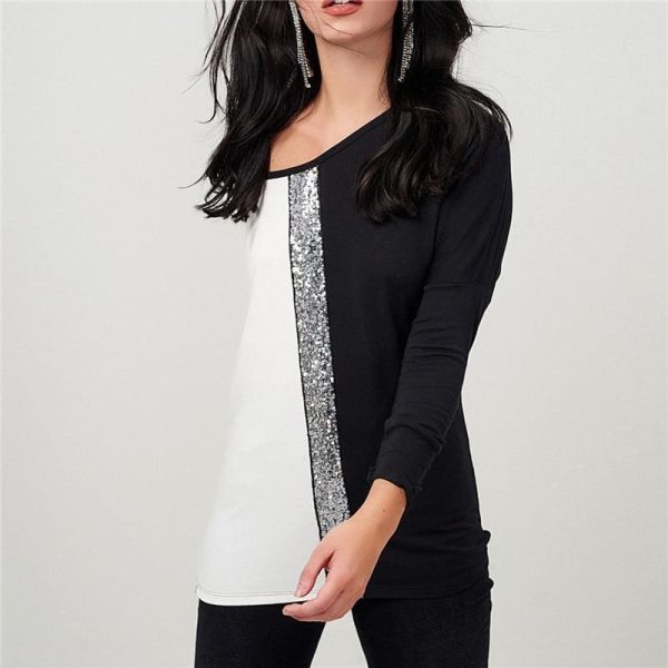 The Best Ladies Tops Off Shoulder Long Sleeve Shirt Sequin Patchwork Tunic Online - Hplify
