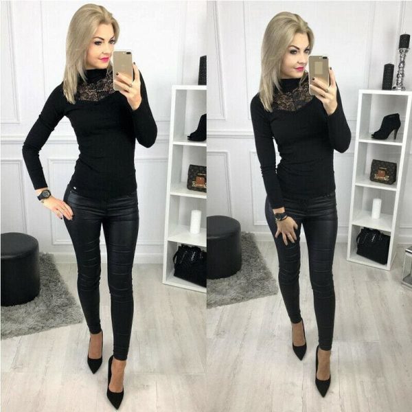 The Best Lady Women Lace Hollow Out Stand Collar Slim Fit Comfortable Bassic Shirt Top Long Sleeve Casual Tops Online - Hplify