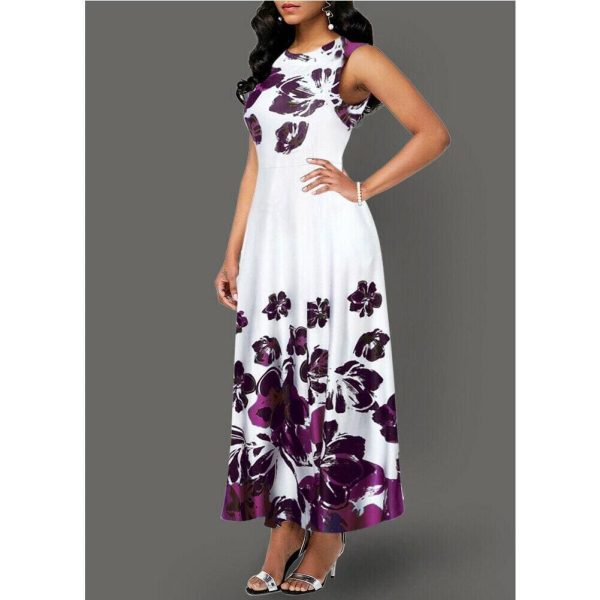The Best Large Size Elegant Women's Floral Print Long Maxi Dress Evening Party Beach Dress Summer Sleeveless Long Flower Sundress Costume Online - Source Silk
