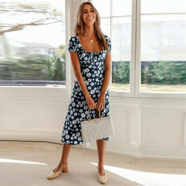 The Best Maxi Floral Dress Ladies Holiday Casual Beach Swing Dresses Casual Boho Short Sleeve Square Neck Holiday Dress Online - Hplify