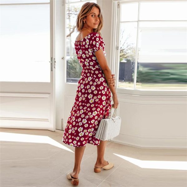 The Best Maxi Floral Dress Ladies Holiday Casual Beach Swing Dresses Casual Boho Short Sleeve Square Neck Holiday Dress Online - Hplify