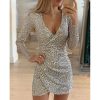 The Best New Fashion Long Sleeve Sequin Deep V-neck women slim fit mini dress Online - Hplify