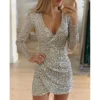 The Best New Fashion Long Sleeve Sequin Deep V-neck women slim fit mini dress Online - Hplify