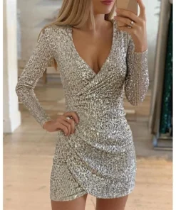 The Best New Fashion Long Sleeve Sequin Deep V-neck women slim fit mini dress Online - Hplify