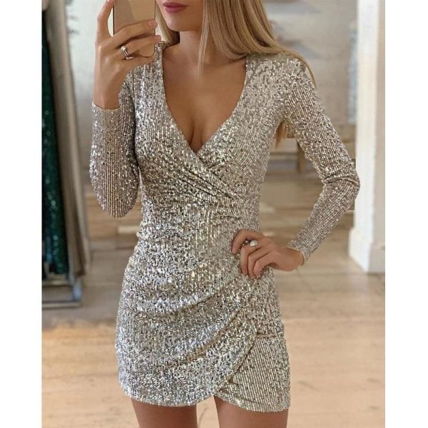 The Best New Fashion Long Sleeve Sequin Deep V-neck women slim fit mini dress Online - Hplify