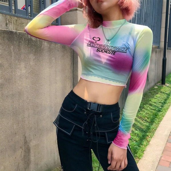 The Best New Fashion Women Girls Summer Mesh Sheer Long Sleeve Blouse See-through High Neck Casual Party Crop Top Tee Shirt Online - Source Silk