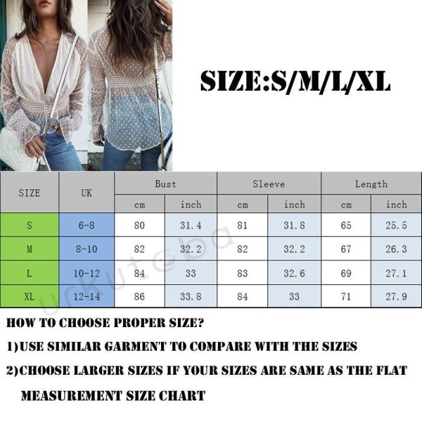 The Best New Fashion Women Ladies Summer Mesh Sheer See-through Polka Dot Long Sleeve V-Neck Casual Crop Top Shirts Blouse New Online - Source Silk