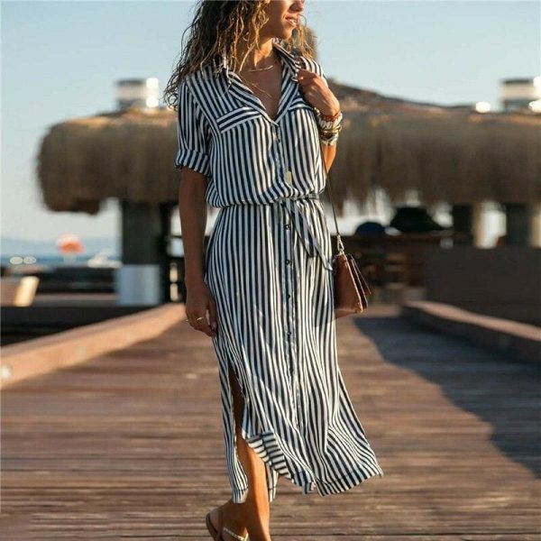 The Best New Spring Women's arrival Stripe T-Shirt High waist Casual Beach style Loose Shirt Long Dress Online - Hplify