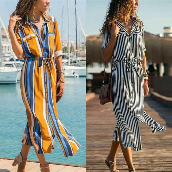The Best New Spring Women's arrival Stripe T-Shirt High waist Casual Beach style Loose Shirt Long Dress Online - Hplify