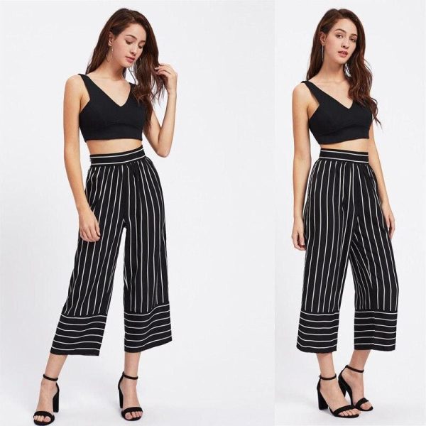 The Best New Summer Women Casual High Waist Bandage Pants Fashion Ladies Striped Wide Leg Loose Long Pants Trousers Online - Hplify
