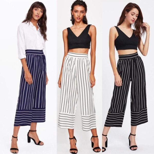 The Best New Summer Women Casual High Waist Bandage Pants Fashion Ladies Striped Wide Leg Loose Long Pants Trousers Online - Hplify