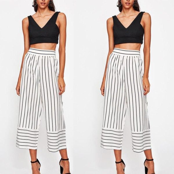 The Best New Summer Women Casual High Waist Bandage Pants Fashion Ladies Striped Wide Leg Loose Long Pants Trousers Online - Hplify