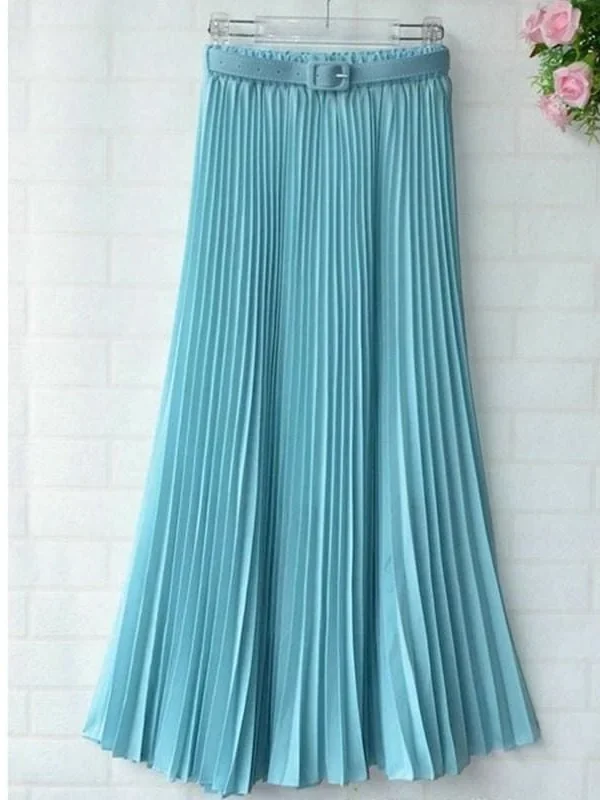 The Best New Summer Women Ladies Elegant Long Skirt Retro Maxi Chiffon High Waist Solid Casual Pleated Beach Long Skirt Sundress Online - Hplify