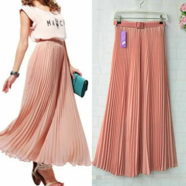 The Best New Summer Women Ladies Elegant Long Skirt Retro Maxi Chiffon High Waist Solid Casual Pleated Beach Long Skirt Sundress Online - Hplify