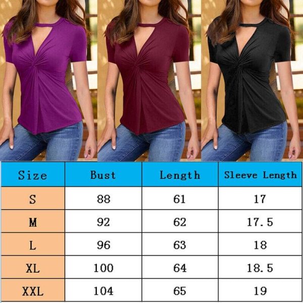 The Best New Summer Women's Slim Fit Short Sleeve Deep V-neck Blouse Top Fashion Ladies Solid Casual Shirts Hot Online - Hplify