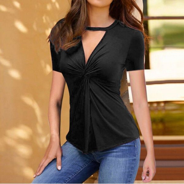 The Best New Summer Women's Slim Fit Short Sleeve Deep V-neck Blouse Top Fashion Ladies Solid Casual Shirts Hot Online - Hplify