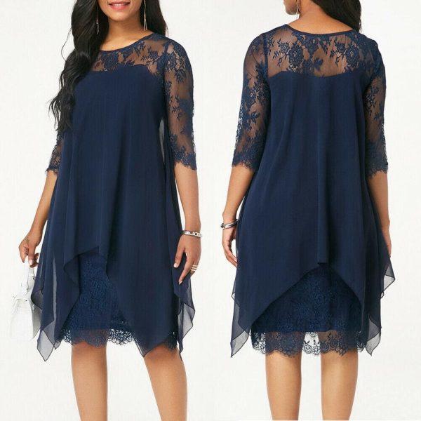 The Best New Women 3/4 Sleeve Causal Loose Lace Evening Formal Dress Elegant Office Ladies Summer Party Beach Holiday Sundress Online - Hplify