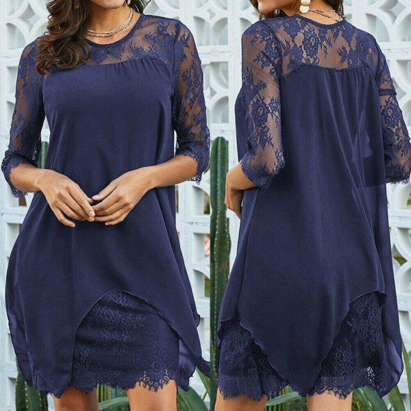 The Best New Women 3/4 Sleeve Causal Loose Lace Evening Formal Dress Elegant Office Ladies Summer Party Beach Holiday Sundress Online - Hplify