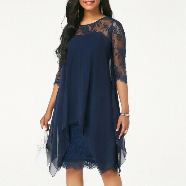 The Best New Women 3/4 Sleeve Causal Loose Lace Evening Formal Dress Elegant Office Ladies Summer Party Beach Holiday Sundress Online - Hplify
