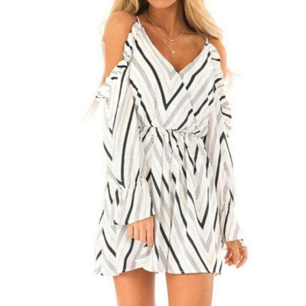 The Best New Women Autumn Dress Fashion V neck Off Shoulder Striped Long Sleeve Casual Holiday Short Mini Dress Online - Hplify