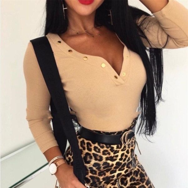 The Best New Women Autumn Long Sleeve Sweatshirt Blouse Tops Casual V neck Jumper Buttons Ladies Slim Fit Tee Shirt Online - Hplify