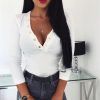 The Best New Women Autumn Long Sleeve Sweatshirt Blouse Tops Casual V neck Jumper Buttons Ladies Slim Fit Tee Shirt Online - Hplify
