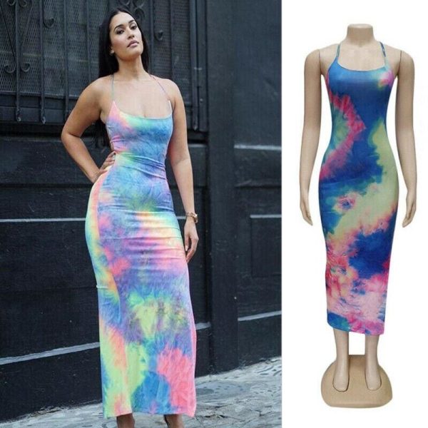 The Best New Women Backless Holiday Beach Strappy Bodycon Dress Summer Tie Dyeing Party Slim Dresses Clubwear Online - Hplify